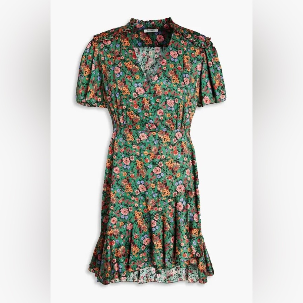 Sandro Paris Marta Floral Print Mini Dress | Green Floral Ruffle Wrap Mod Dress